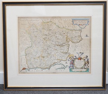Jan Jansson (1588-1664), hand coloured engraving, Map of Essex, from the edition published c.1636/37, 38.5 x 49.2cm (plate), framed and glazed